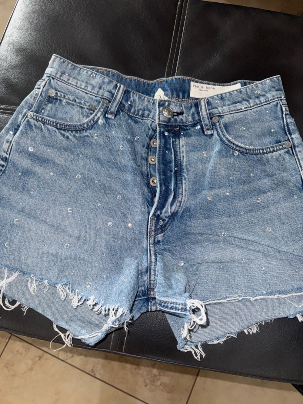 Rag & Bone High-Rise Embellished Denim Shorts - Light Blue 27